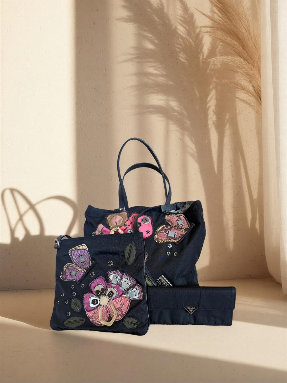 Prada Triple Bundle Navy Floral Embroidered Tote Bag, Crossbody and Long Wallet
